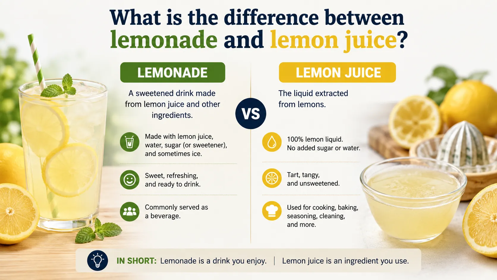 Difference Between Lemonade and Lemon Juice: Ingredients, Taste, and Uses